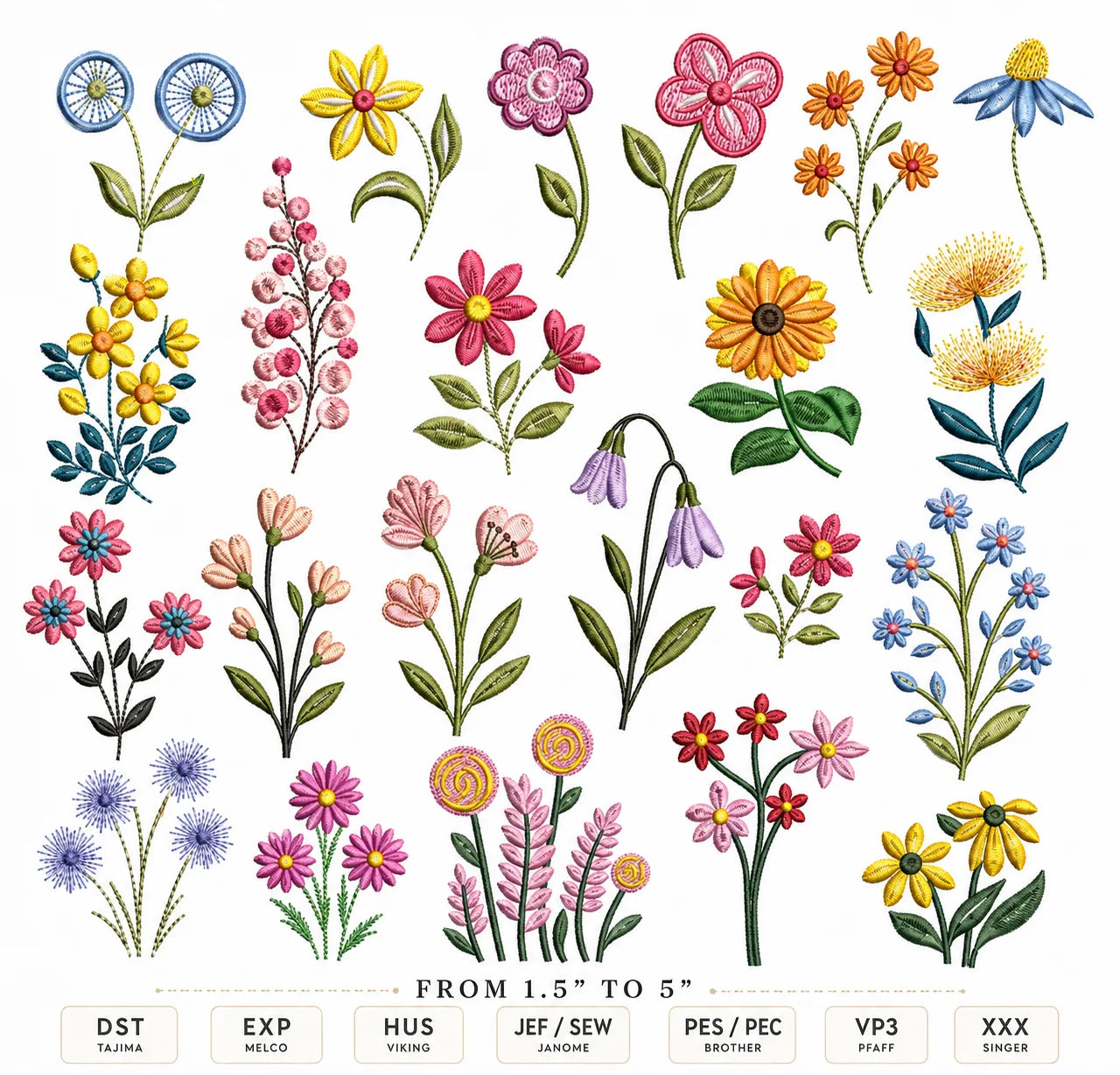 100+ Floral Embroidery Designs – 8 Sizes 1.5" to 5"