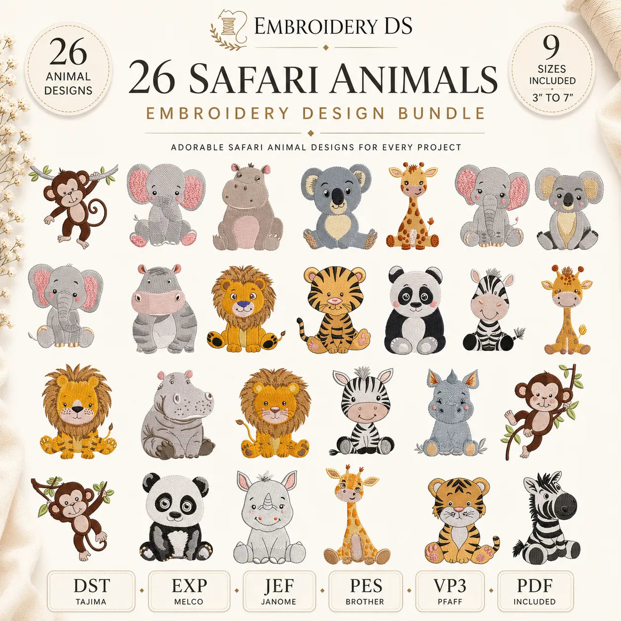 26 Safari Animal Machine Embroidery Designs Bundle