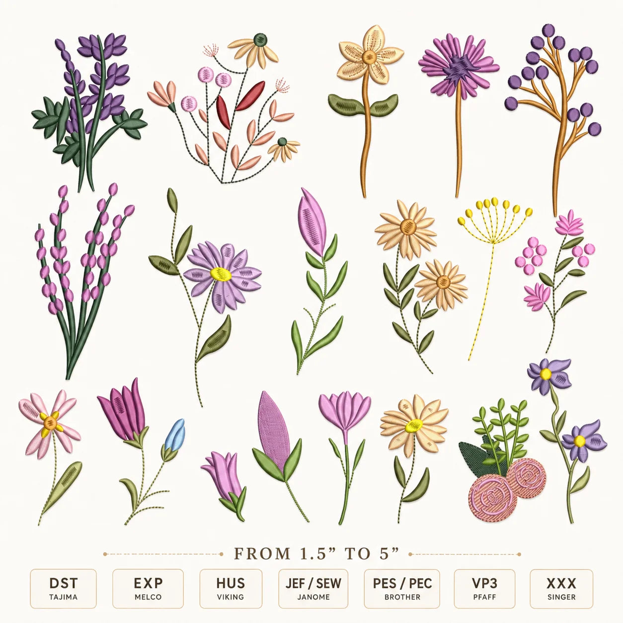 100+ Floral Embroidery Designs – 8 Sizes 1.5" to 5"