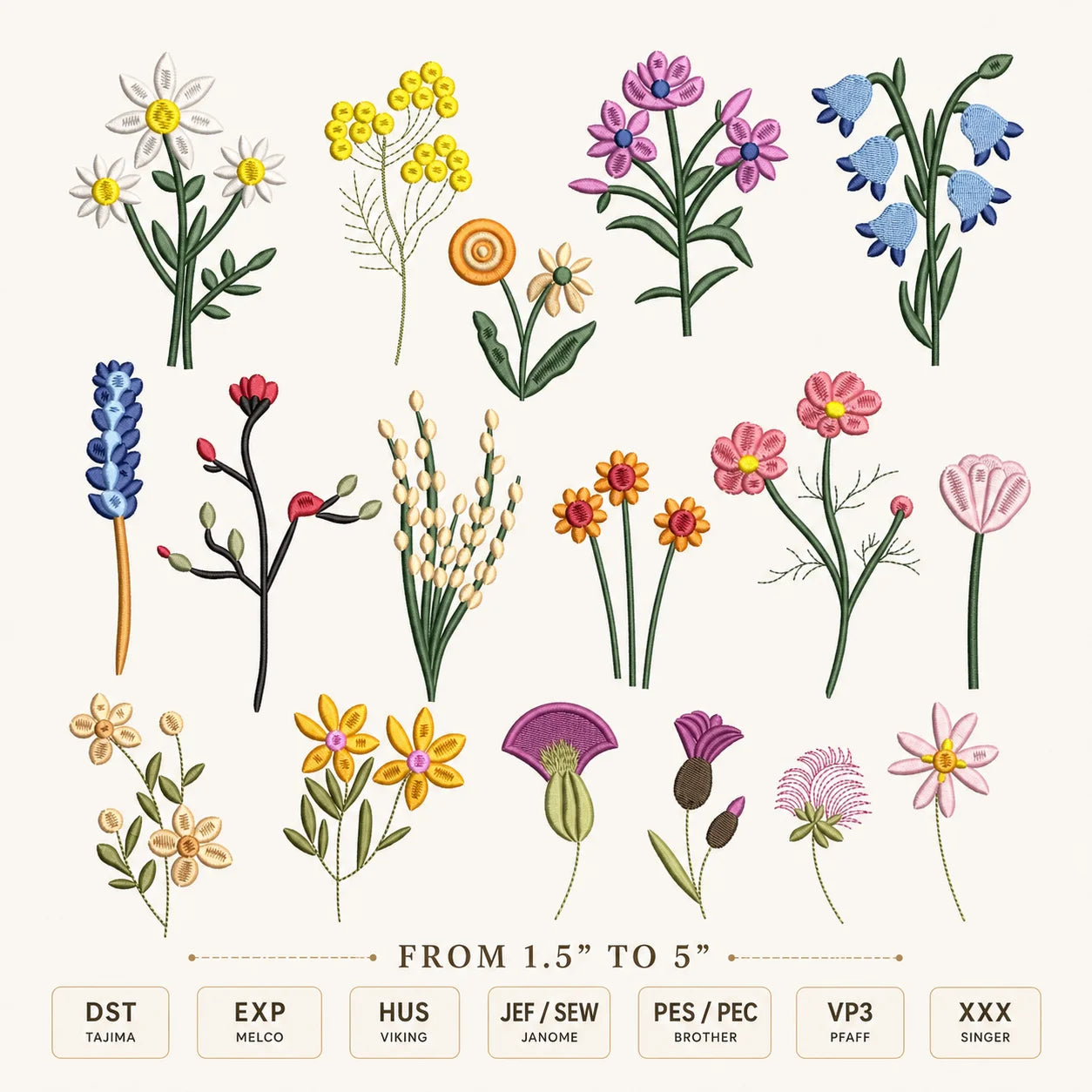 100+ Floral Embroidery Designs – 8 Sizes 1.5" to 5"
