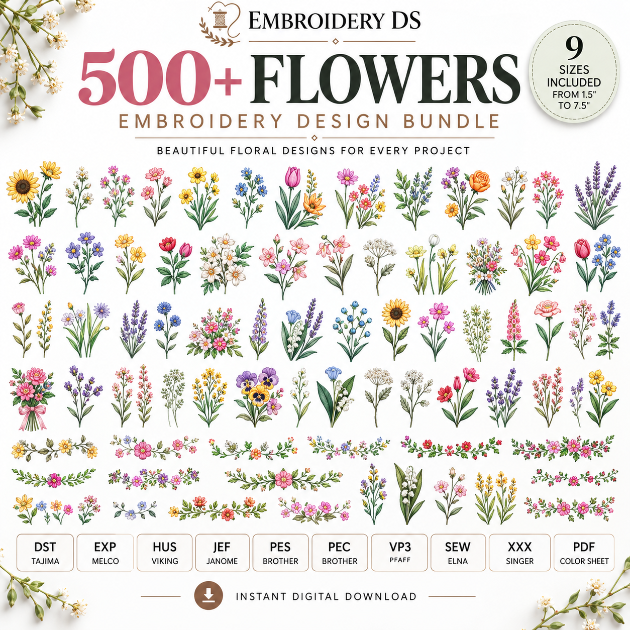 500+ Flowers Machine Embroidery Design Bundle