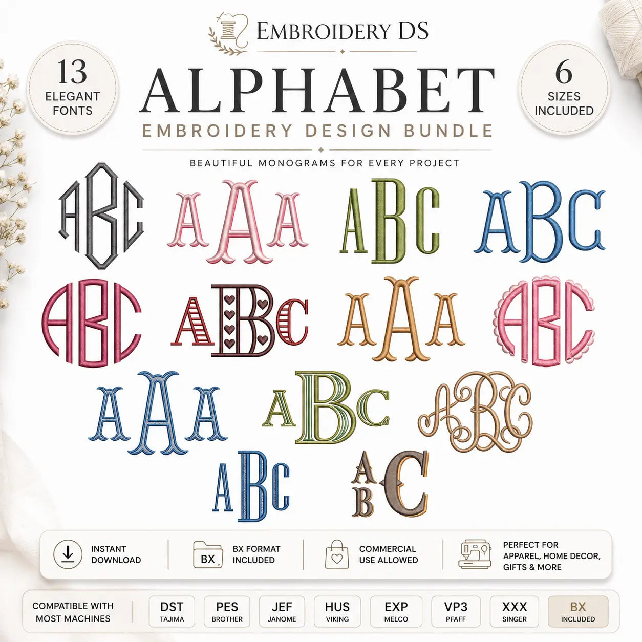 Bundle Of 13 Alphabet Machine Embroidery Designs