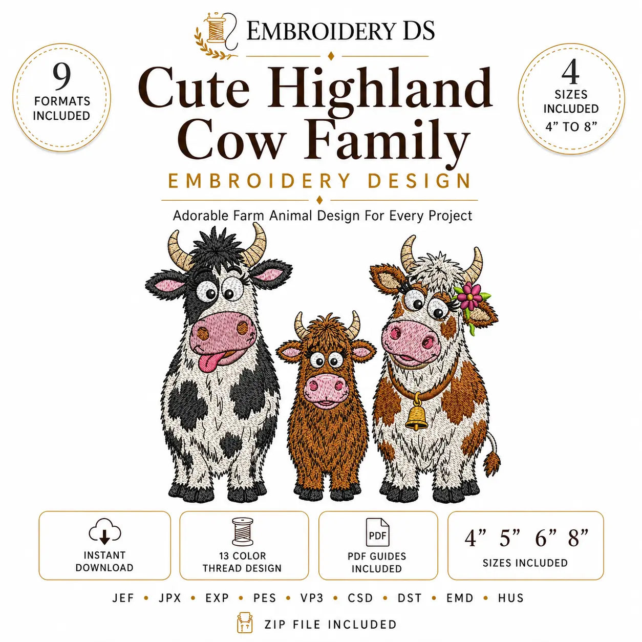 Highland Cow Family Embroidery Design