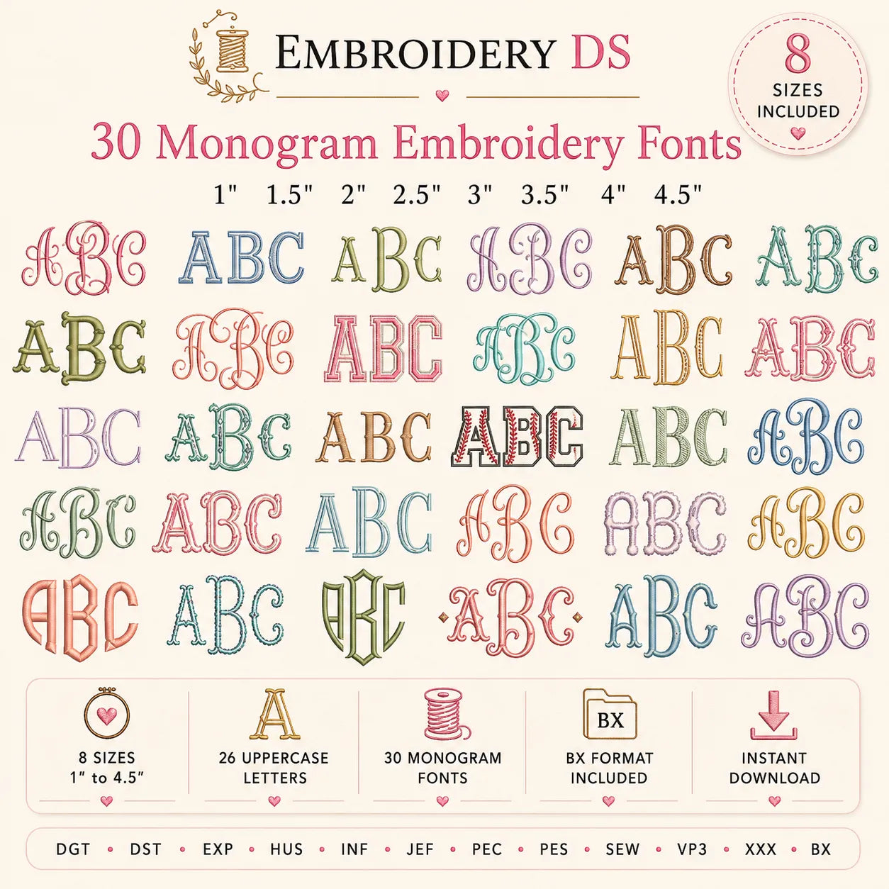 30 Alphabet Monogram Embroidery Fonts Bundle