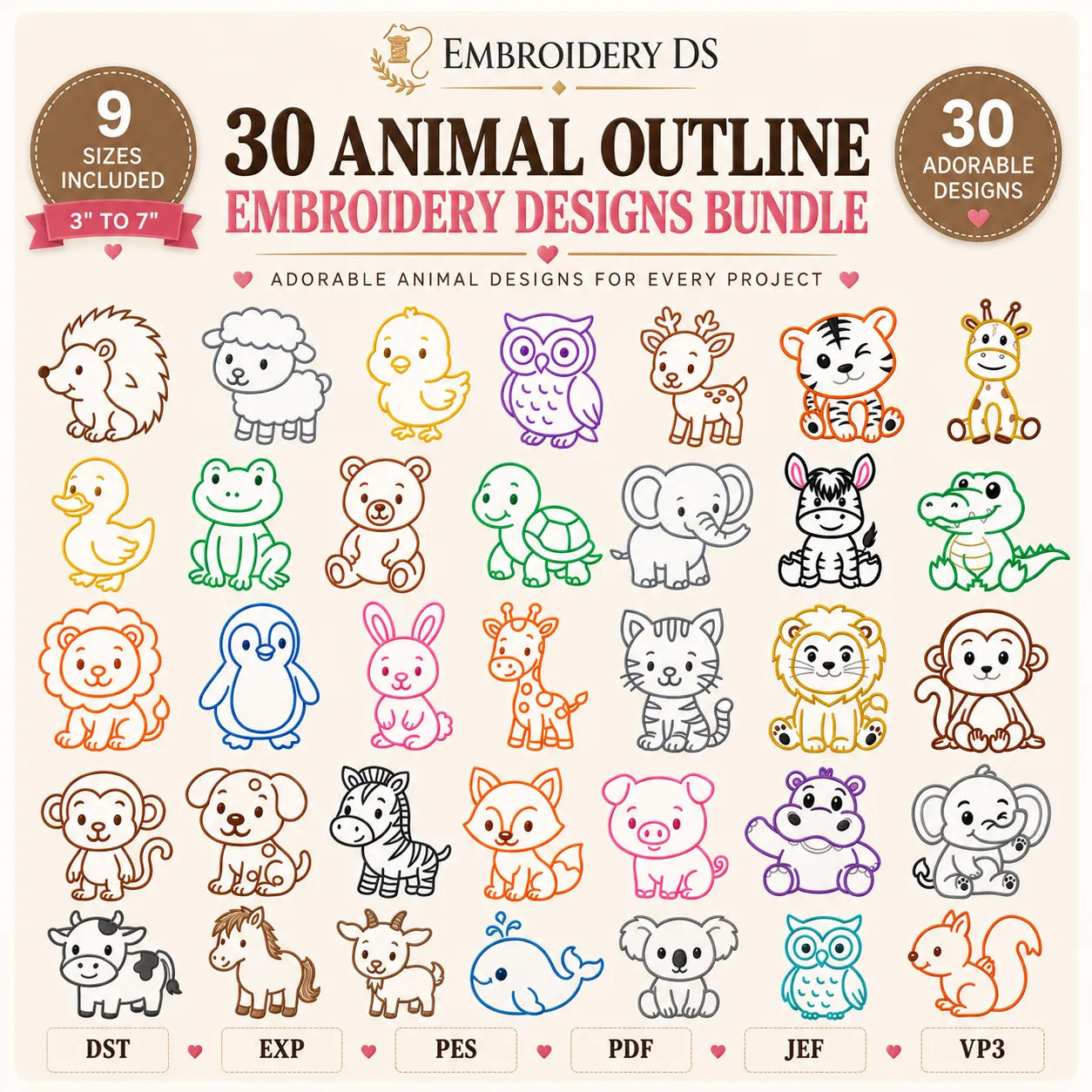 30 Animal Outline Embroidery Designs