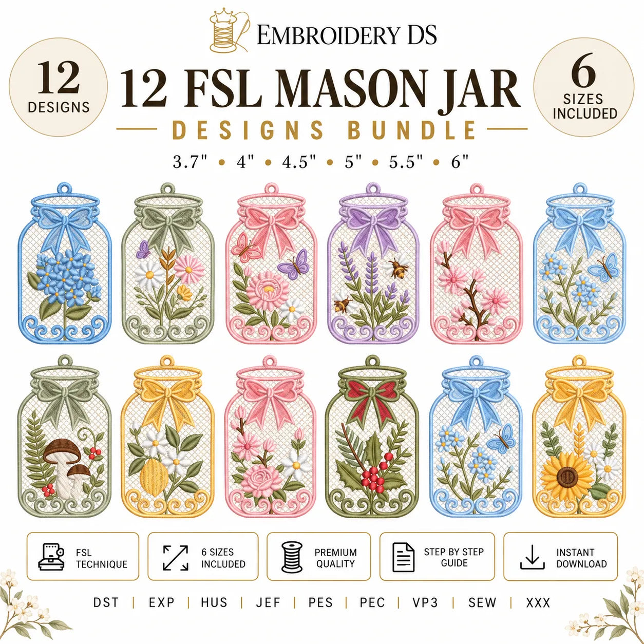 12 FSL Mason Jar Embroidery Designs