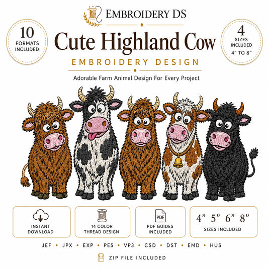 Highland Cow Machine Embroidery Design