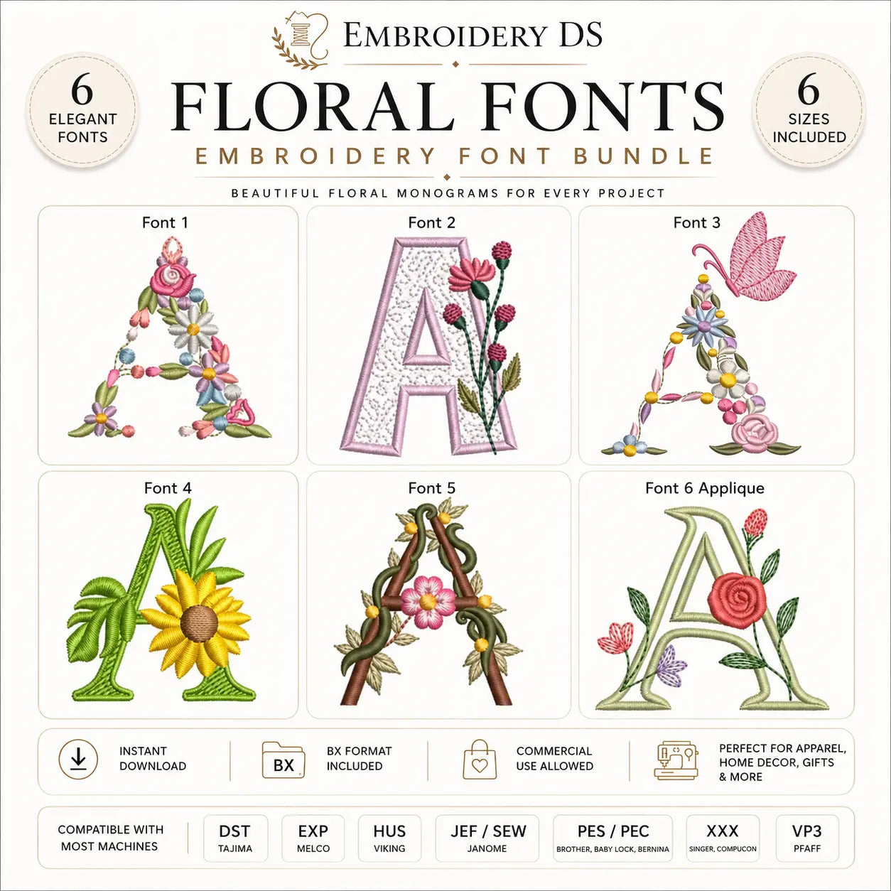 🌸 Floral (A-Z) Full Flower Alphabet Embroidery Designs Bundle