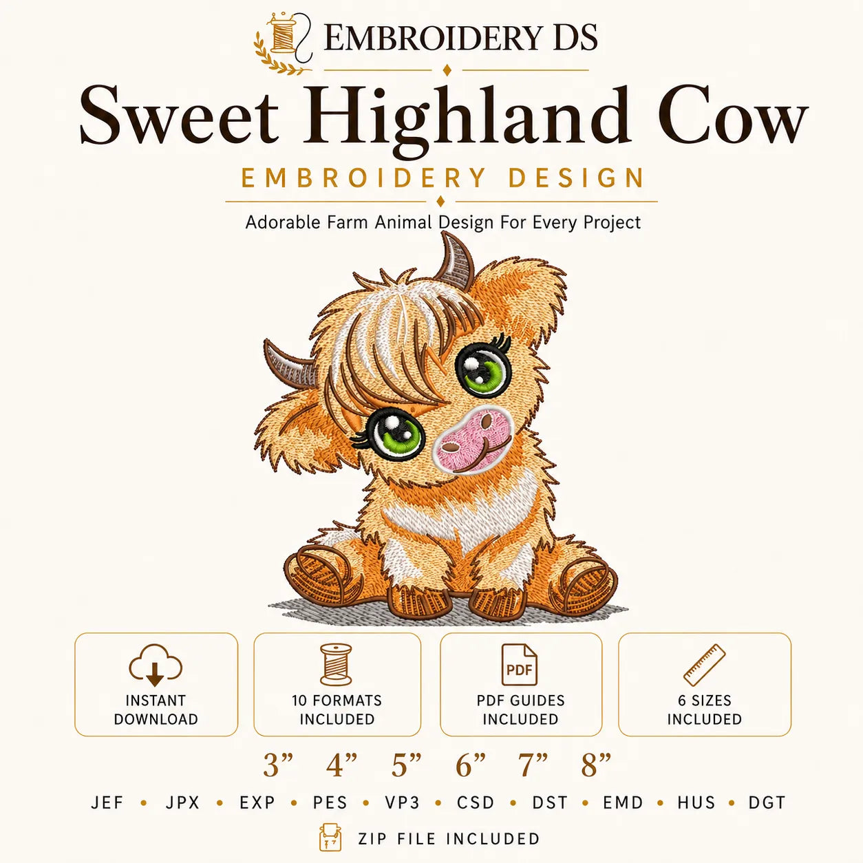 Sweet Highland Cow Machine Embroidery Design