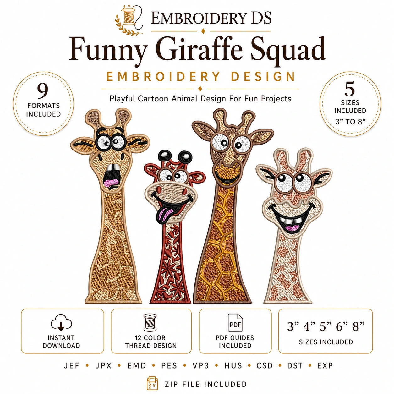 Funny Giraffe Squad Embroidery Design