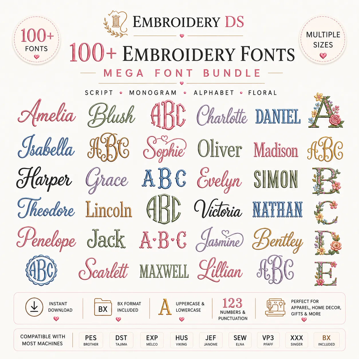 100+ Embroidery Fonts Bundle