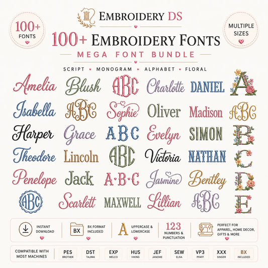 100+ Embroidery Fonts Bundle
