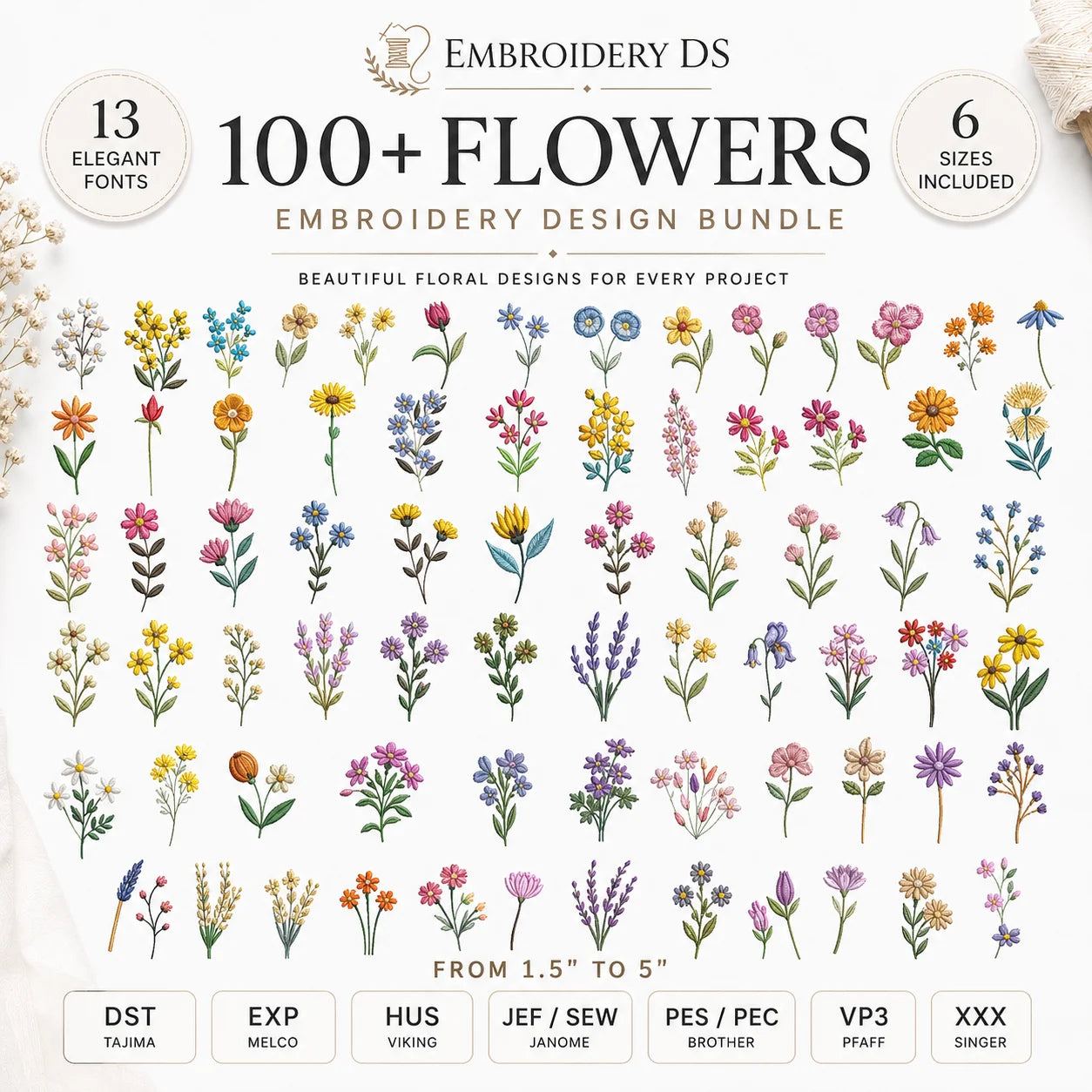 100+ Floral Embroidery Designs – 8 Sizes 1.5" to 5"