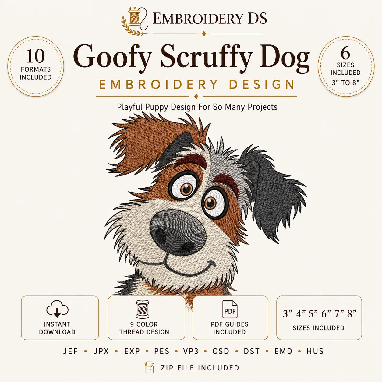Goofy Scruffy Dog Embroidery Design