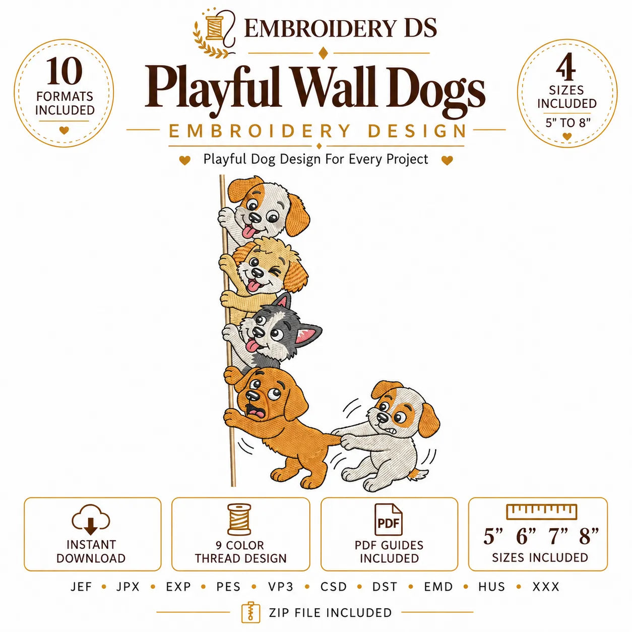 Playful Wall Dogs Machine Embroidery Design