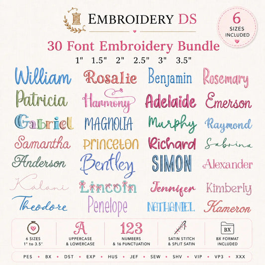 30 Handwritten Font Embroidery Bundle