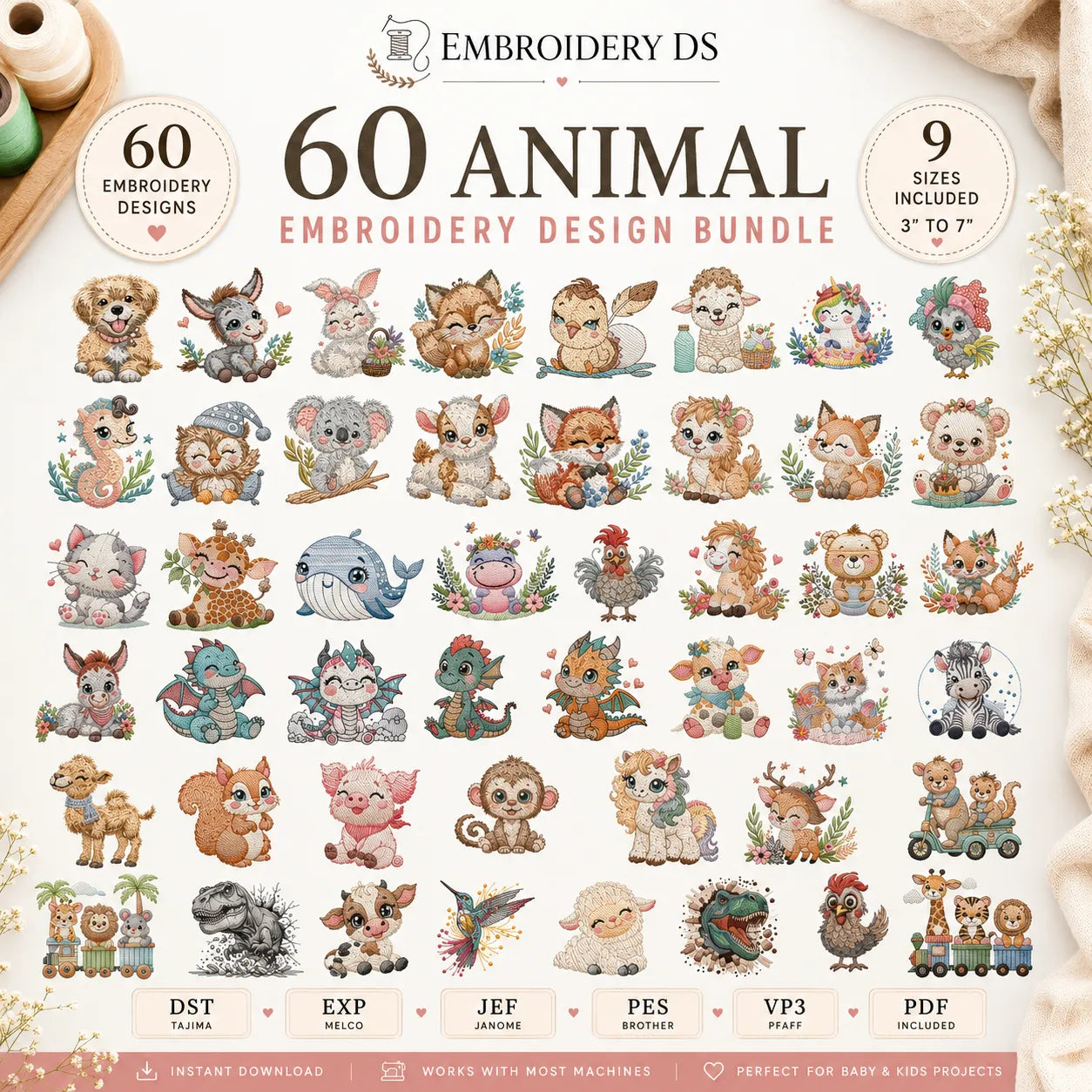 60 Animal Embroidery Design Bundle