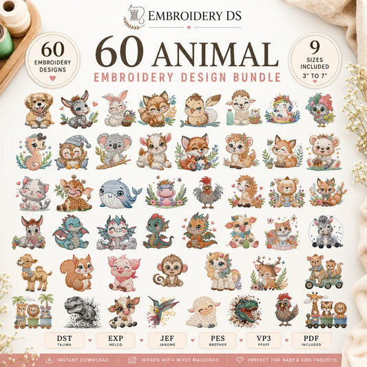 60 Animal Embroidery Design Bundle