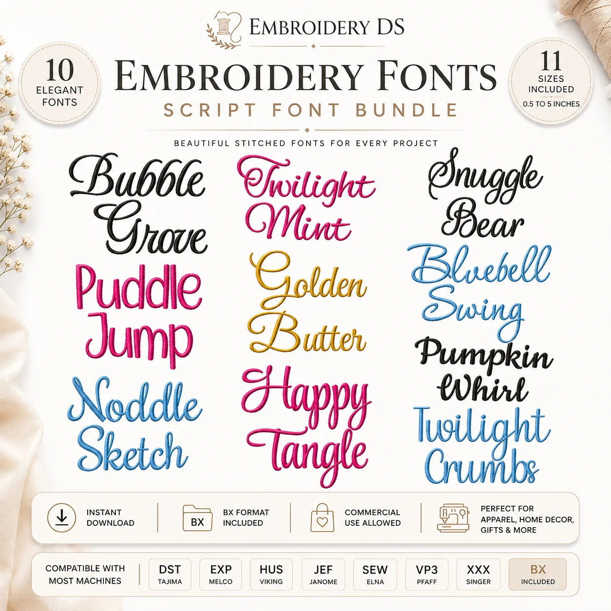 10 Embroidery Fonts Bundle – BX Fonts, Script & Cursive