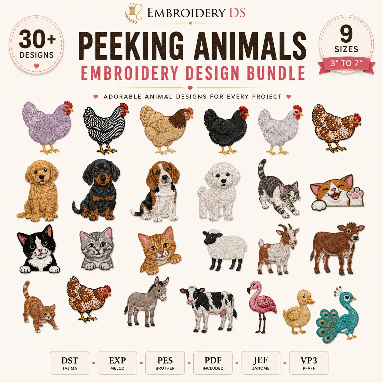 30 Peeking Animals Machine Embroidery Designs