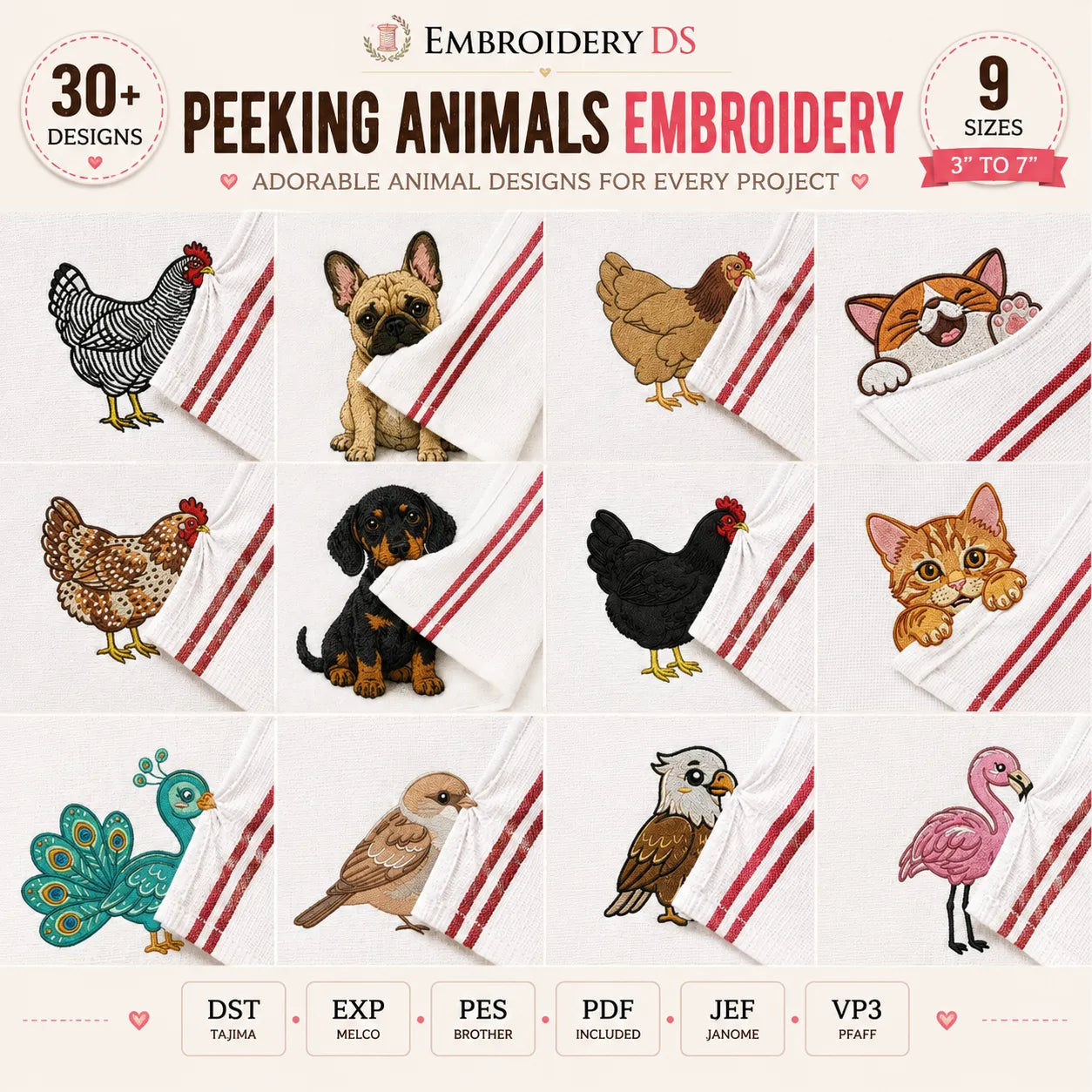 30 Peeking Animals Machine Embroidery Designs