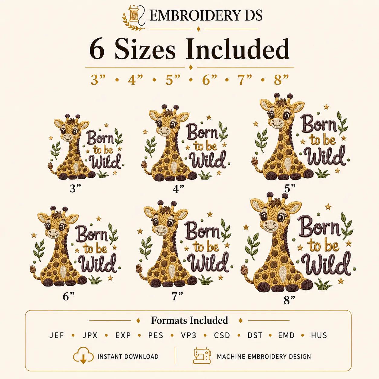 Born To Be Wild Giraffe Embroidery Design