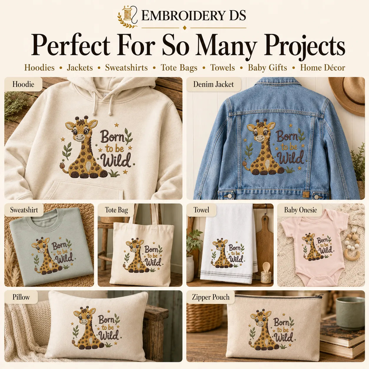 Born To Be Wild Giraffe Embroidery Design
