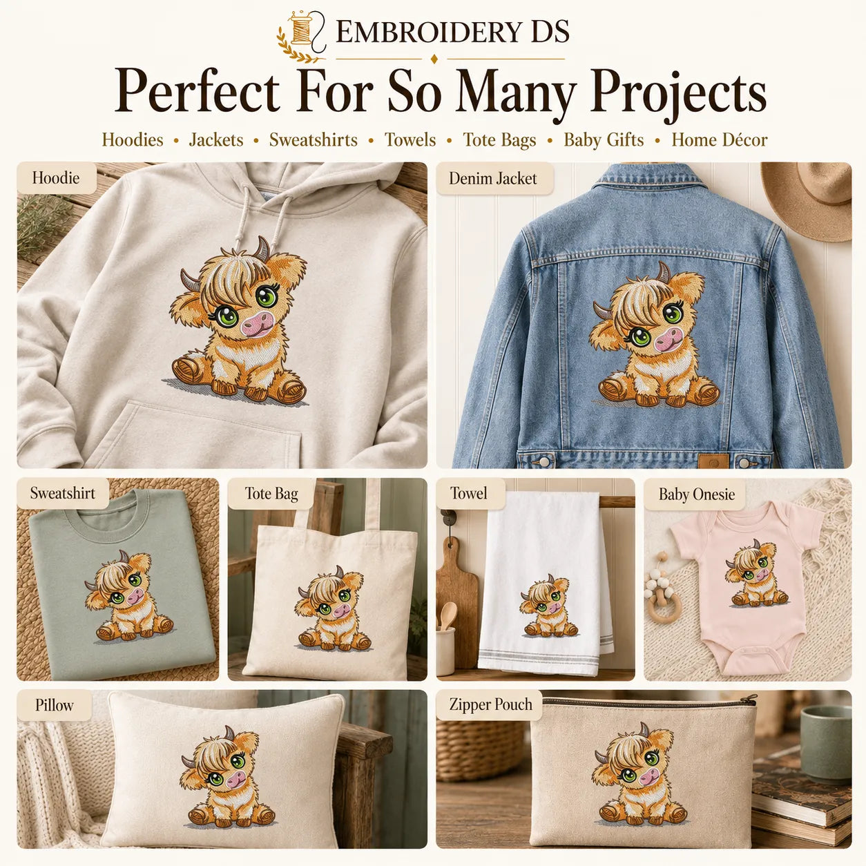 Sweet Highland Cow Machine Embroidery Design