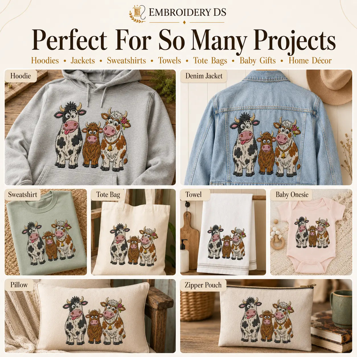 Highland Cow Family Embroidery Design